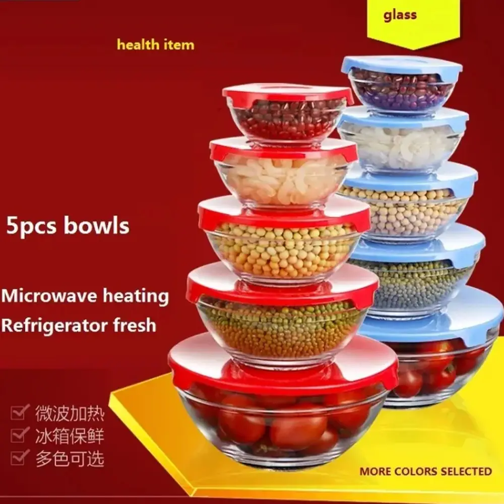 5 Pcs Glass Bowls Set With Lids Microwave Refrigerator Dinnerware Set (3)