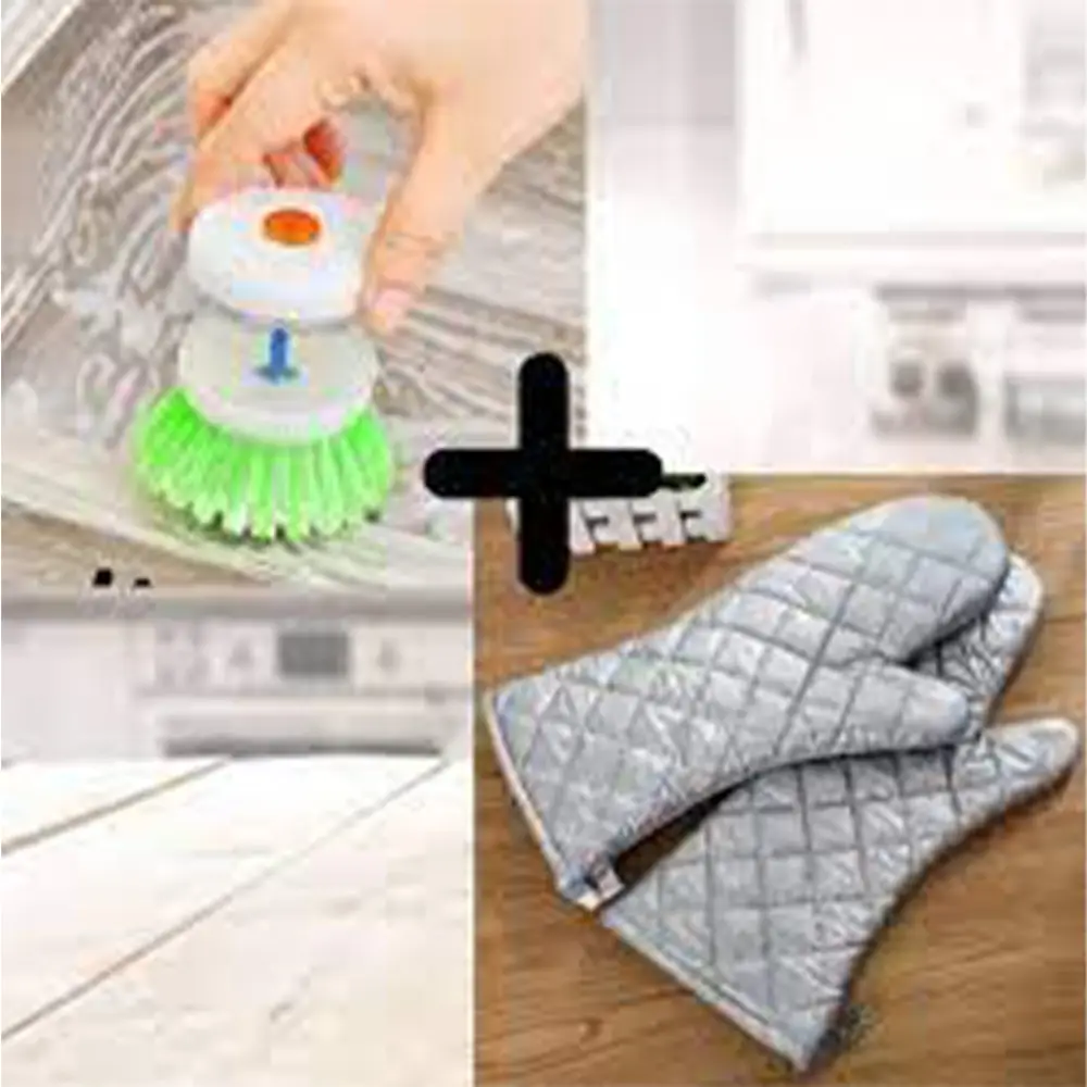 Heat Proof Mitten Oven Resistant Gloves with Dish-Washing Brush