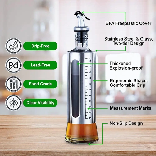 500ml Stainless Steel Glass Leak Proof Oil Bottle Vinegar Sauce Boat Olive Oil Bottle Oil Dispenser (6)