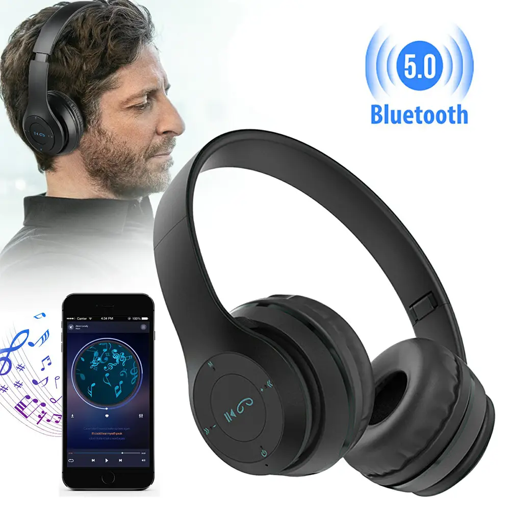 P47 Hifi Stereo Bass Wireless Gaming Bluetooth Headphone Earphone with Mic for Cell Tablet FM Radio,TF card, AUX, Bluetooth