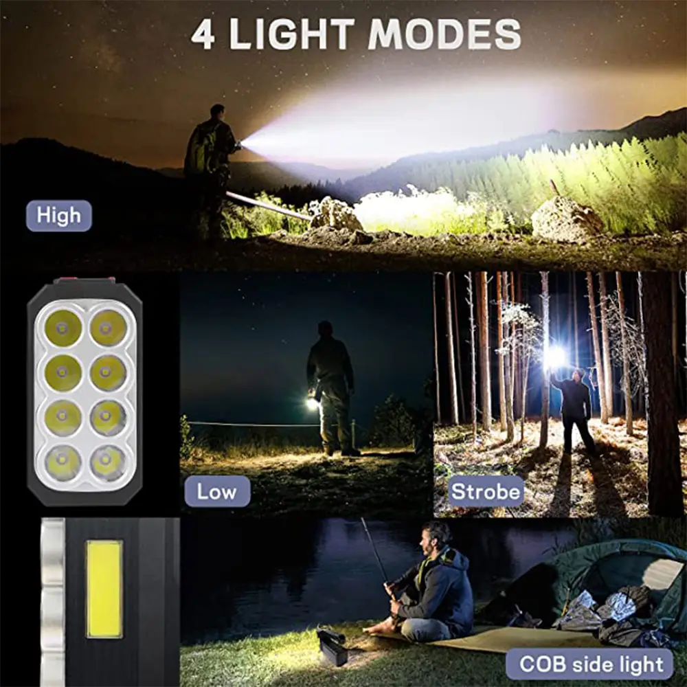 Rechargeable Solar 8 LED Flashlight with COB Sidelight 3 Modes High Lumens Lightweight W (5)