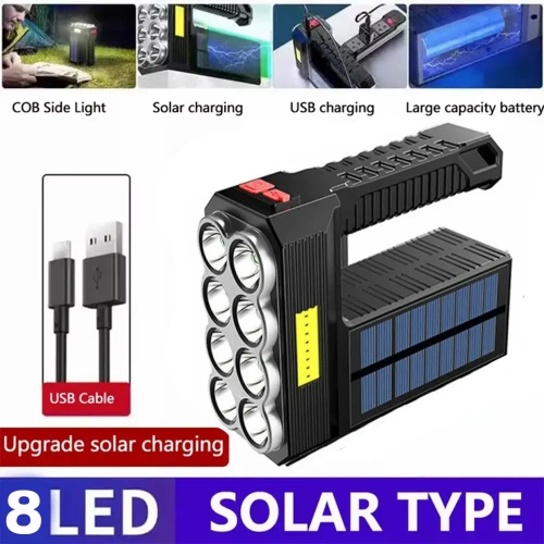 Rechargeable Solar 8 LED Flashlight with COB Sidelight 3 Modes High Lumens Lightweight W