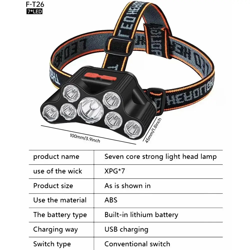 7LED Super Bright 4 Working Modes Usb Rechargeable Led Headlight Headlamp Waterproof Head-Mounted Flashlight