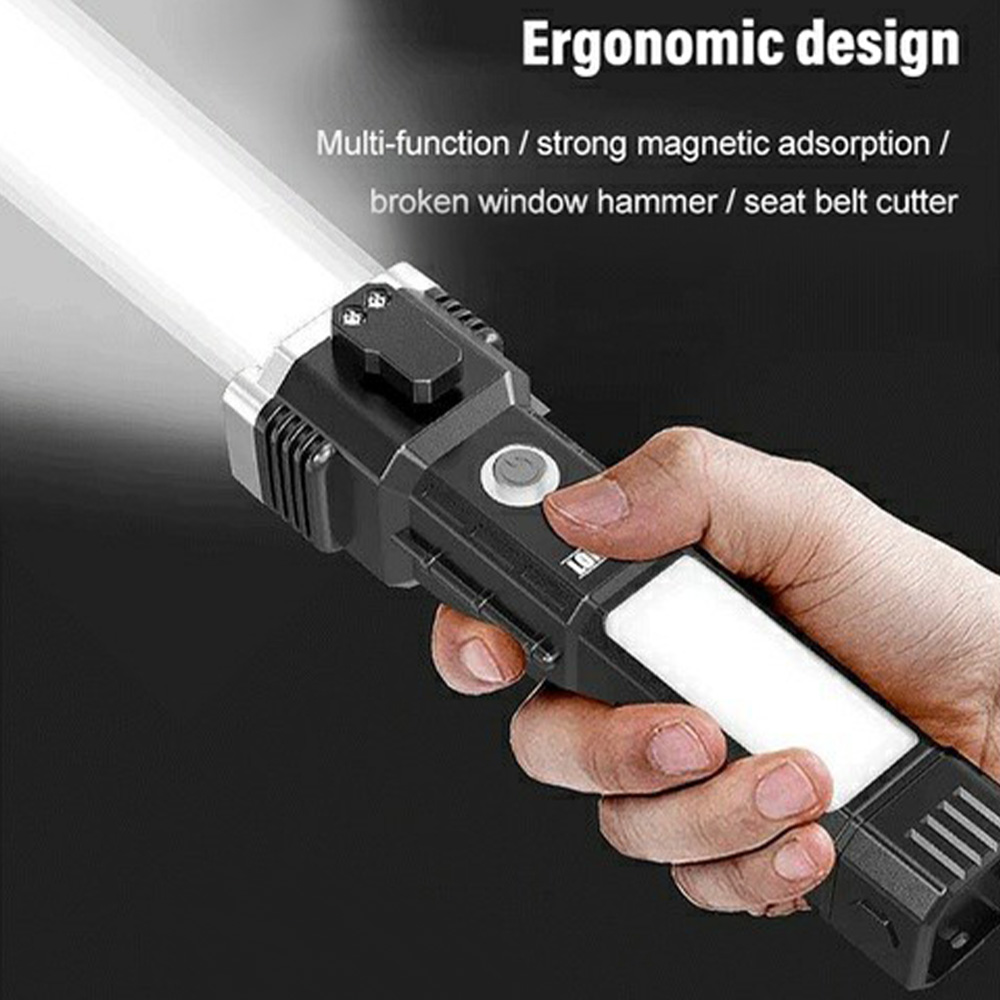 Waterproof Rechargeable Portable Torch with Work Light Spotlight Safety Hammer Glass Broken Seat Belt Cutter and Magnet