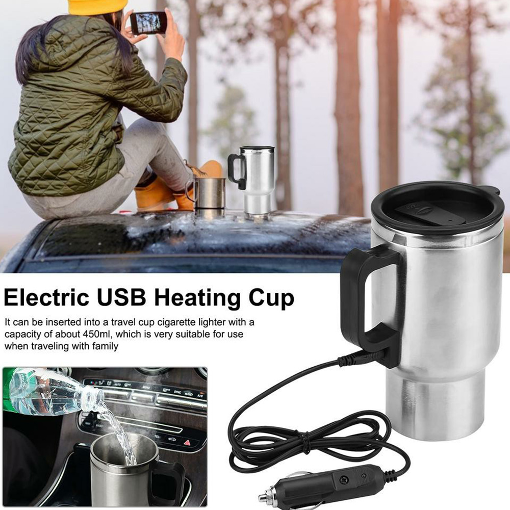 12V Car Charging Stainless Steel Heated Travel Mug Kettle 450ml Water Coffee Milk Thermal Mug Heating Cup (10)