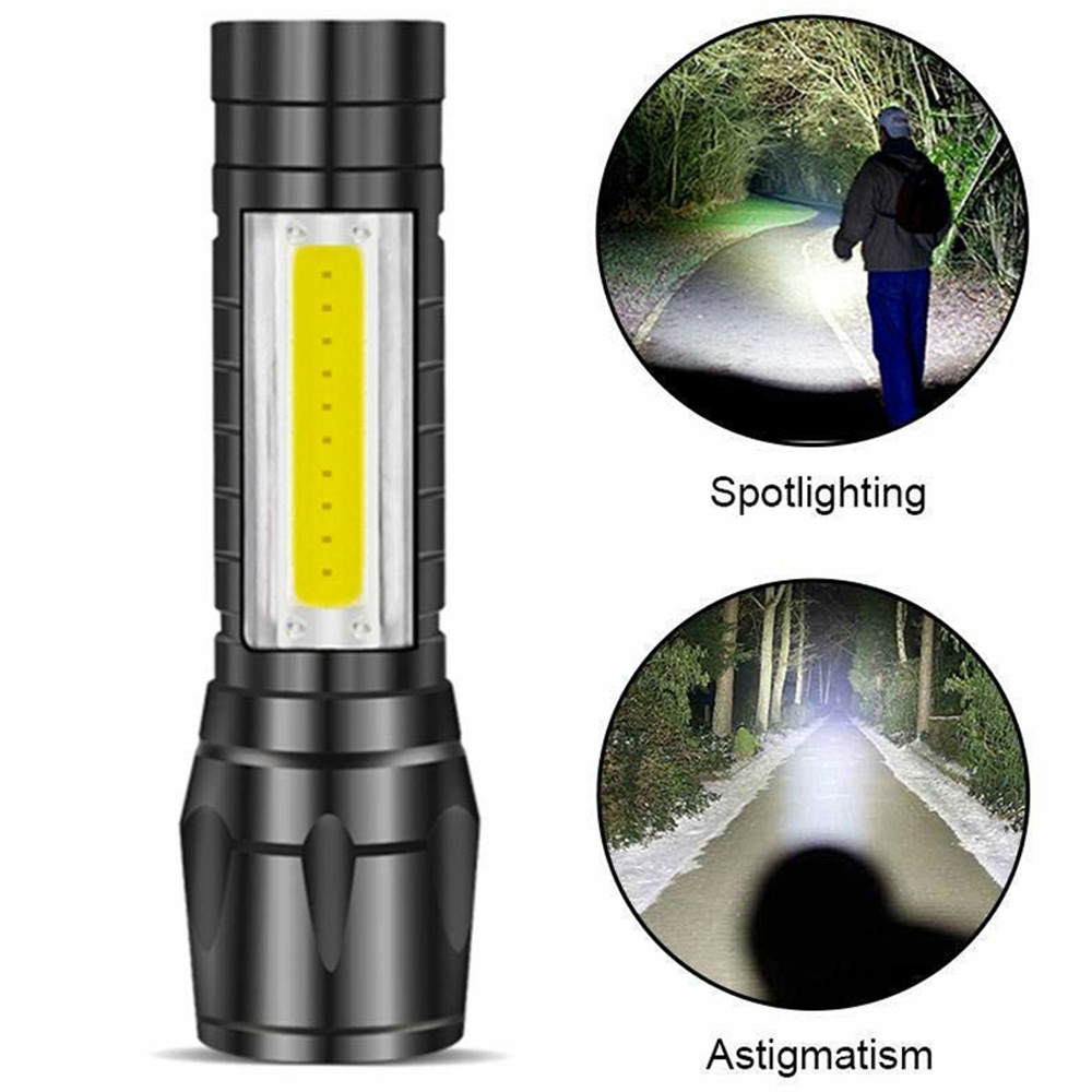 Portable Rechargeable Zoom LED Metal Flashlight with COB Light 3 Modes Waterproof Torch Light (10)~1