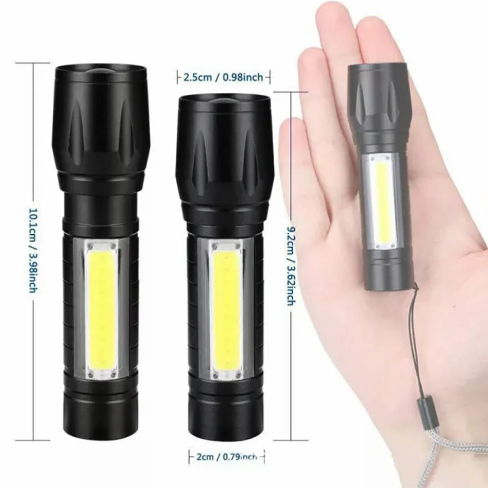 Portable Rechargeable Zoom LED Metal Flashlight with COB Light 3 Modes Waterproof Torch Light (1)~1