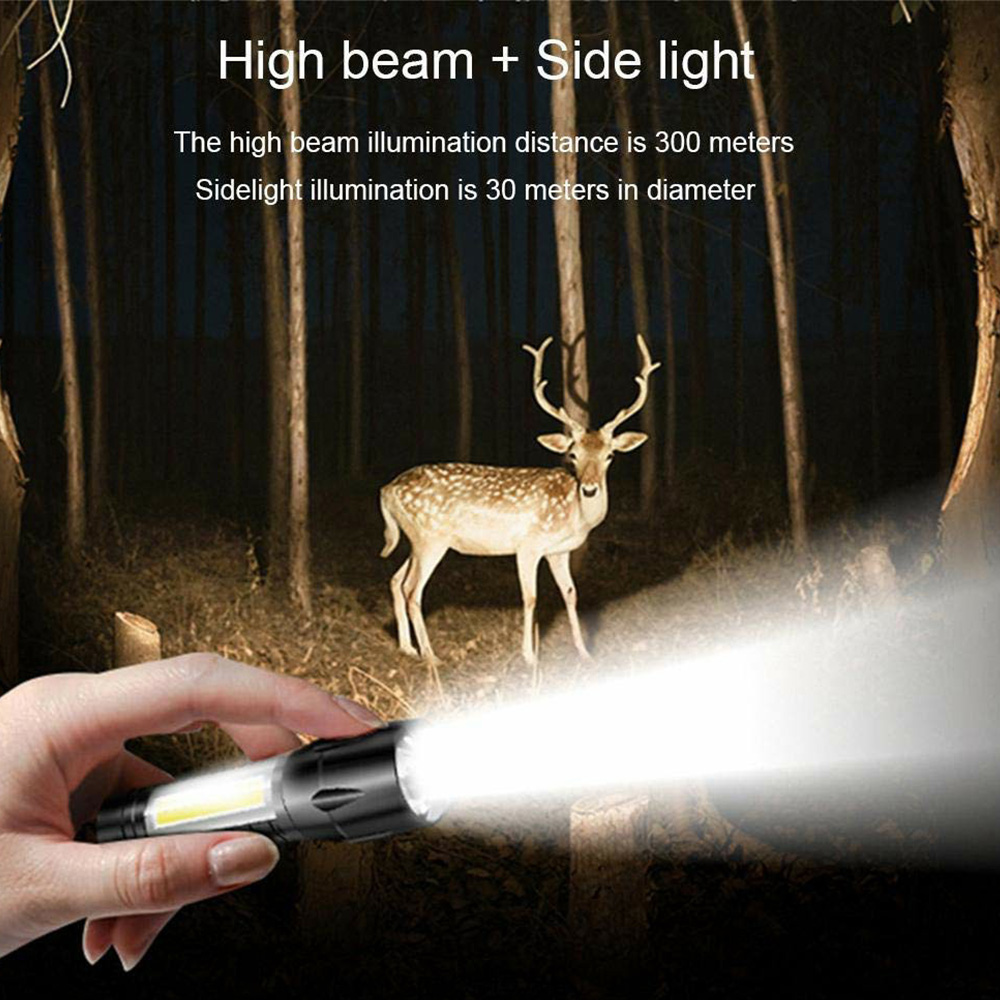 Portable Rechargeable Zoom LED Metal Flashlight with COB Light 3 Modes Waterproof Torch Light (11)~1