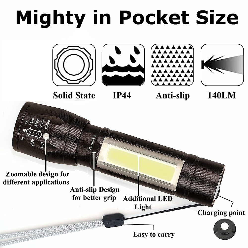 Portable Rechargeable Zoom LED Metal Flashlight with COB Light 3 Modes Waterproof Torch Light (2)~1