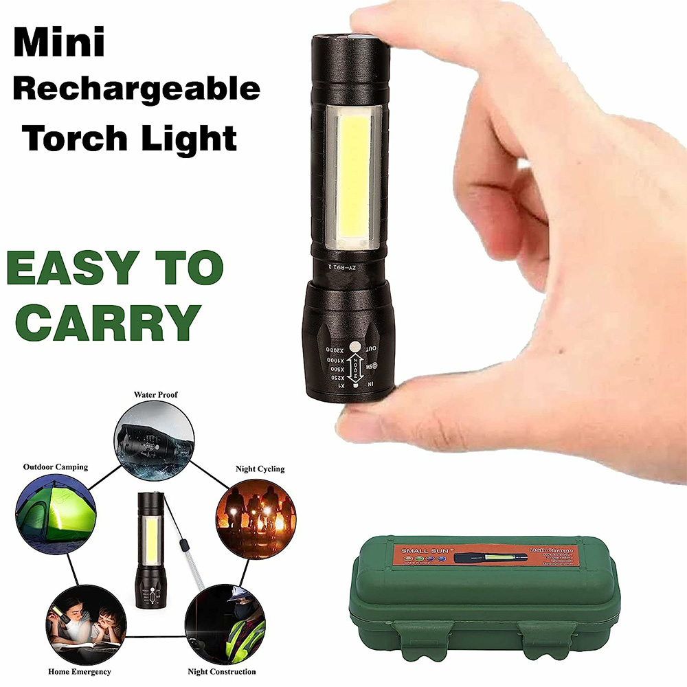 Portable Rechargeable Zoom LED Metal Flashlight with COB Light 3 Modes Waterproof Torch Light (3)~1