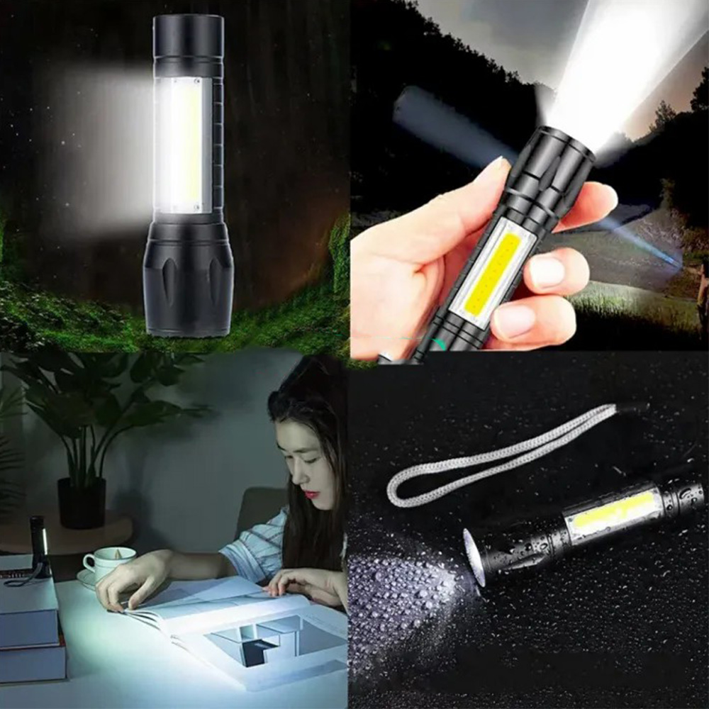 Portable Rechargeable Zoom LED Metal Flashlight with COB Light 3 Modes Waterproof Torch Light (3)~2