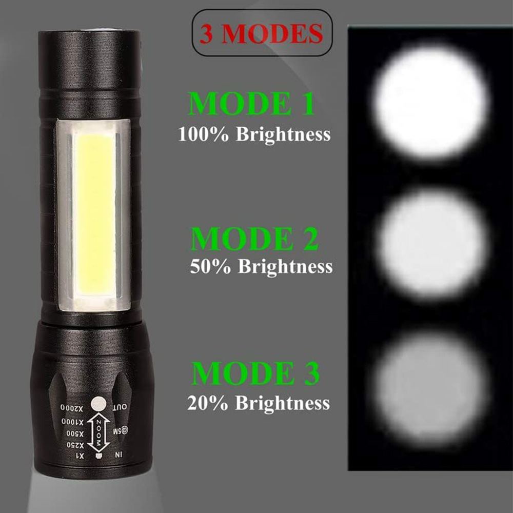 Portable Rechargeable Zoom LED Metal Flashlight with COB Light 3 Modes Waterproof Torch Light (7)~1