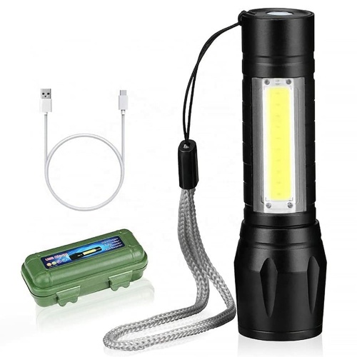 Portable Rechargeable Zoom LED Metal Flashlight with COB Light 3 Modes Waterproof Torch Light (9)~1