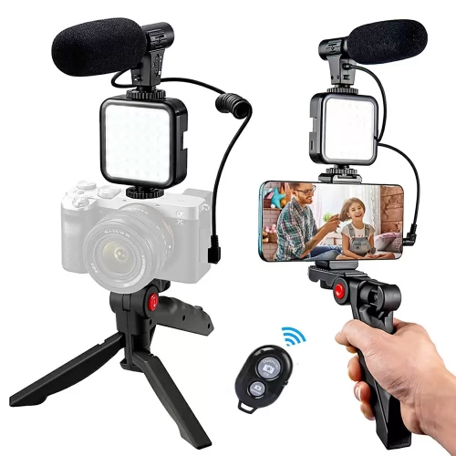Portable Tripod Live Broadcast Set Vlog Camera Photography Video Making Kit with Mic and Wireless Remote
