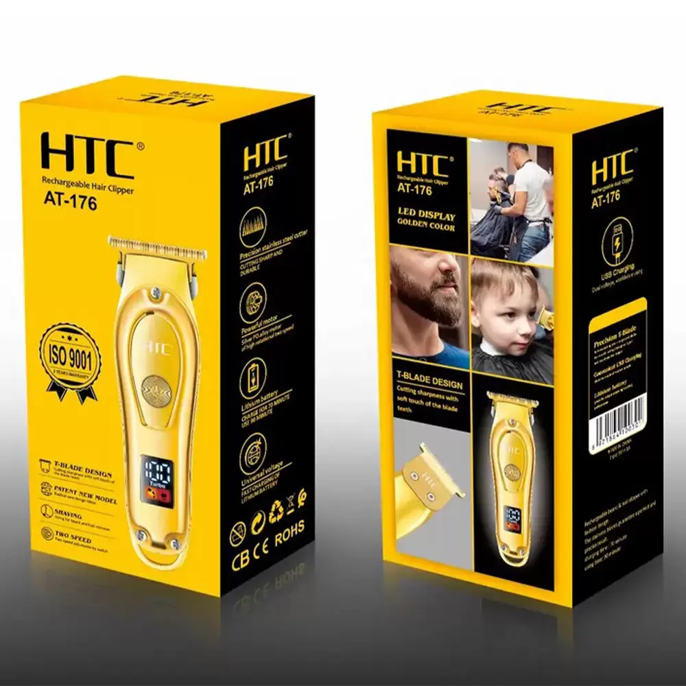 Rechargeable HTC AT-176 Metal T-Blade Hair Clipper with LED Display Golden Color Blade New Patent Design Hair and Beard Trimmer (10)