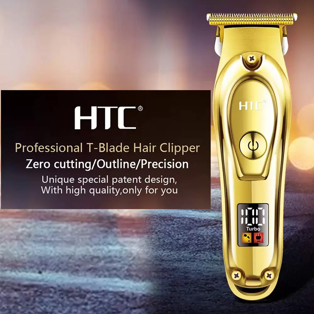 Rechargeable HTC AT-176 Metal T-Blade Hair Clipper with LED Display Golden Color Blade New Patent Design Hair and Beard Trimmer (12)