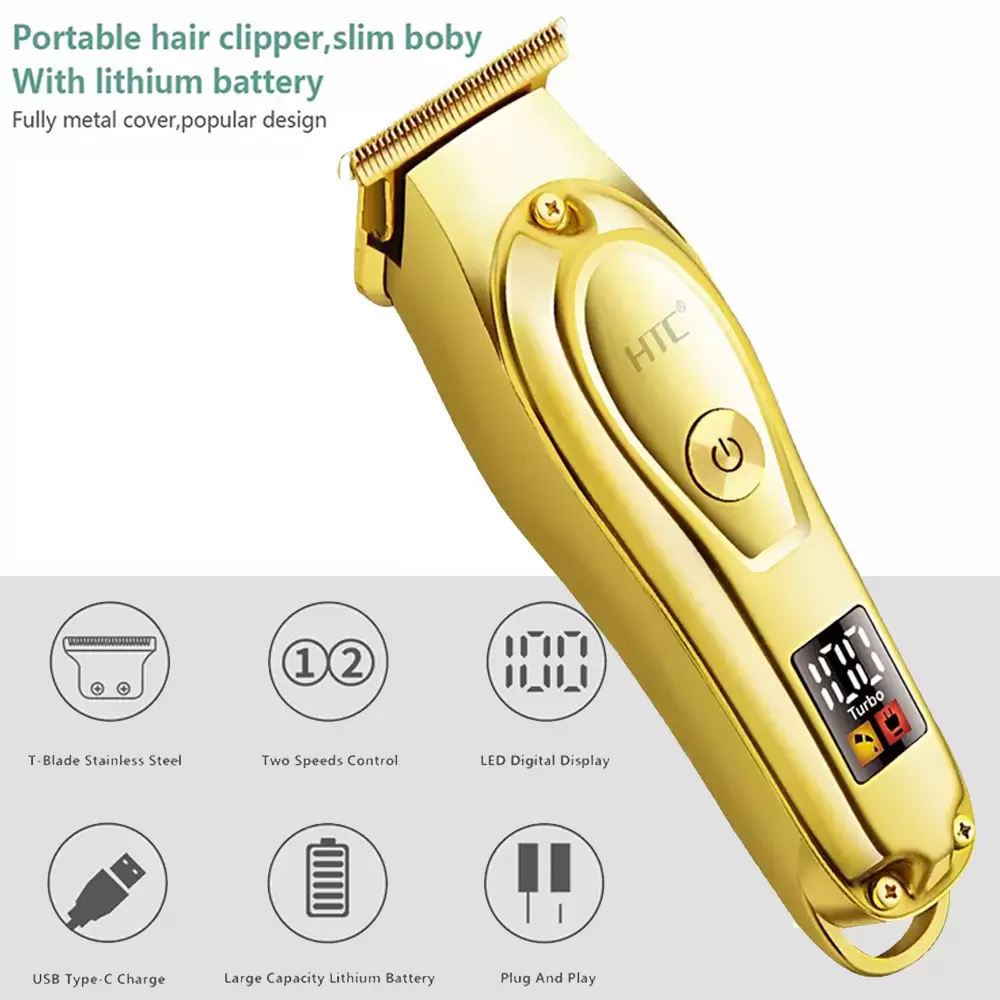 Rechargeable HTC AT-176 Metal T-Blade Hair Clipper with LED Display Golden Color Blade New Patent Design Hair and Beard Trimmer (14)