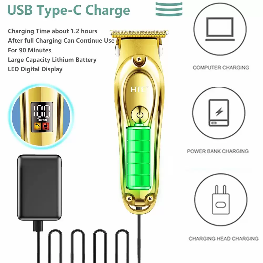 Rechargeable HTC AT-176 Metal T-Blade Hair Clipper with LED Display Golden Color Blade New Patent Design Hair and Beard Trimmer (15)