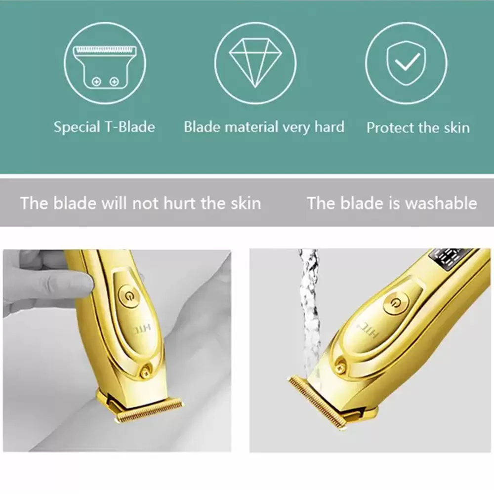 Rechargeable HTC AT-176 Metal T-Blade Hair Clipper with LED Display Golden Color Blade New Patent Design Hair and Beard Trimmer (17)