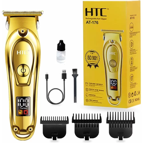 Rechargeable HTC AT-176 Metal T-Blade Hair Clipper with LED Display Golden Color Blade New Patent Design Hair and Beard Trimmer