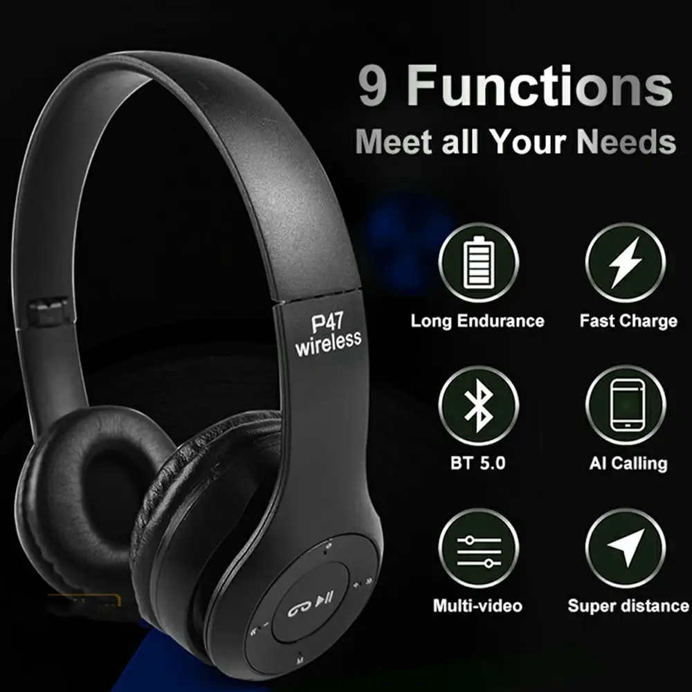 P47 Hifi Stereo Bass Wireless Gaming Bluetooth Headphone Earphone with Mic for Cell Tablet FM Radio,TF card, AUX, Bluetooth (6)
